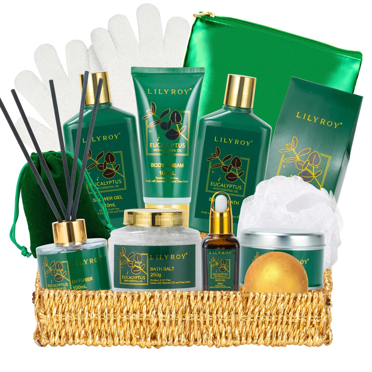 LILY ROY Christmas gift basket featuring eucalyptus spa kit for cozy at-home pampering.