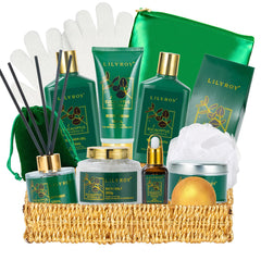 LILY ROY Christmas gift basket featuring eucalyptus spa kit for cozy at-home pampering.