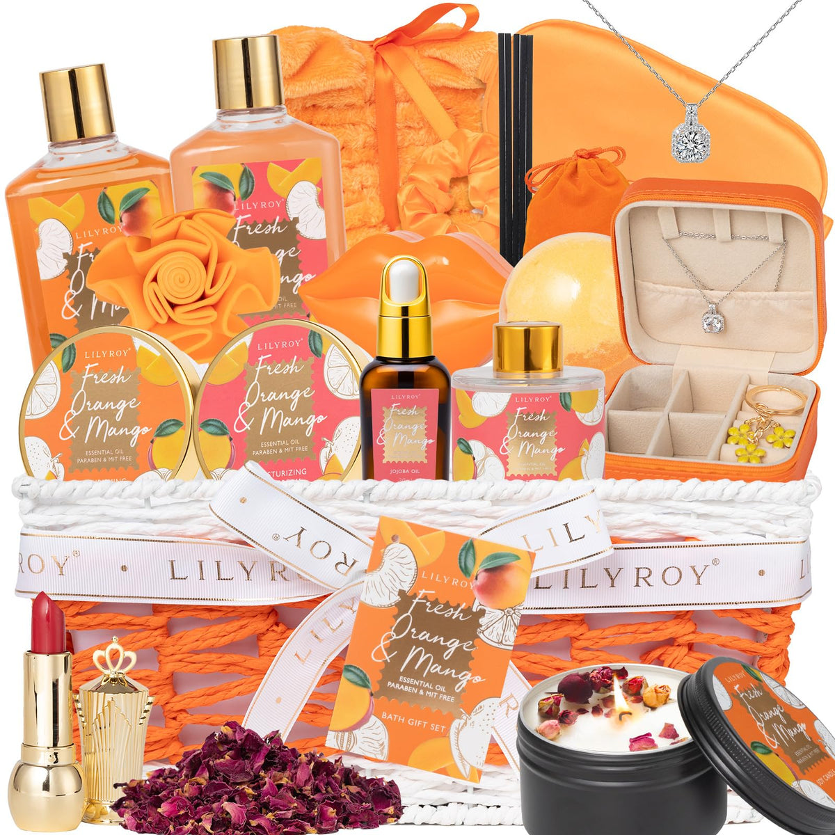 LILY ROY Christmas gift basket setup with spa items for gifting