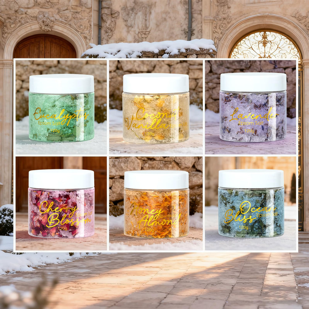 LILY ROY epsom salts with eucalyptus leaves for an aromatic uplifting moment.