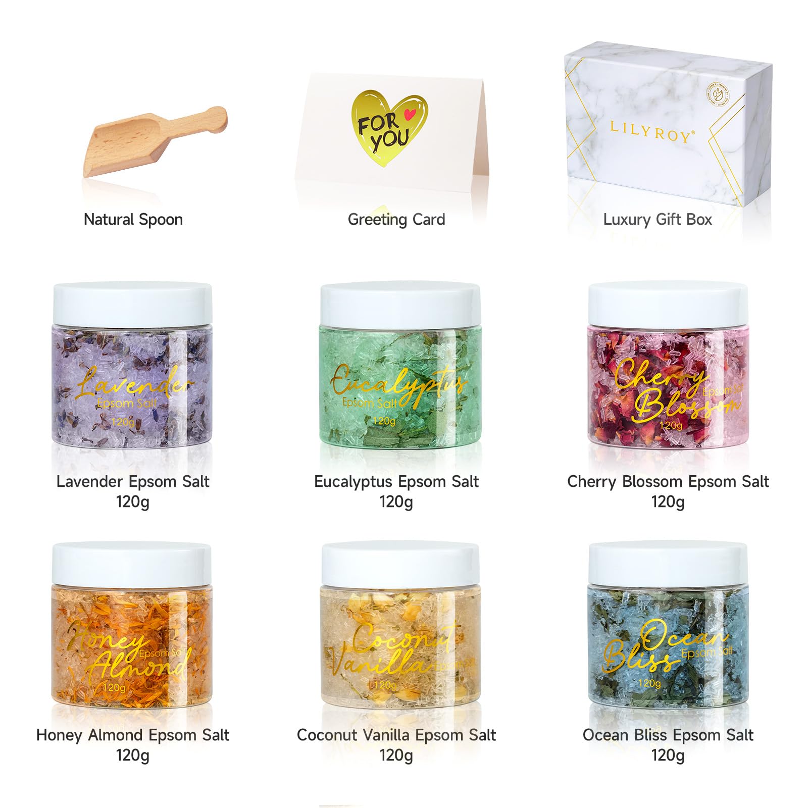 LILY ROY epsom salts with jasmine flowers for a calm spa-like soak at home.
