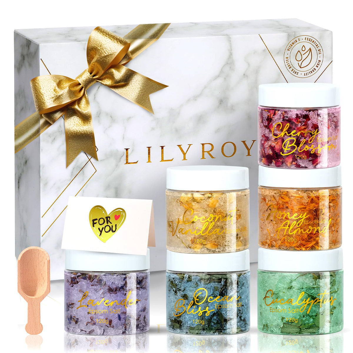 LILY ROY floral epsom salts with rose petals for a relaxing bath ritual.