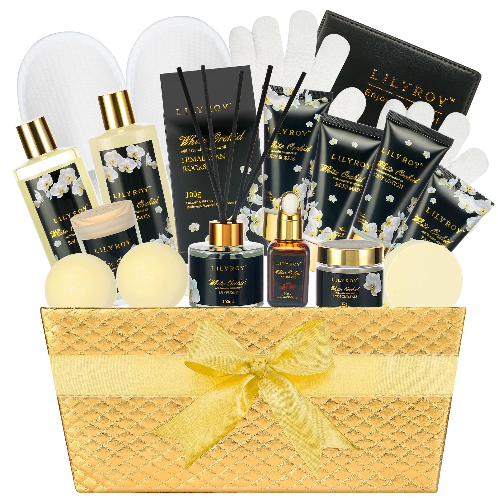 LILY ROY gold spa gift basket open, a luxurious all in one pampering set for holidays.