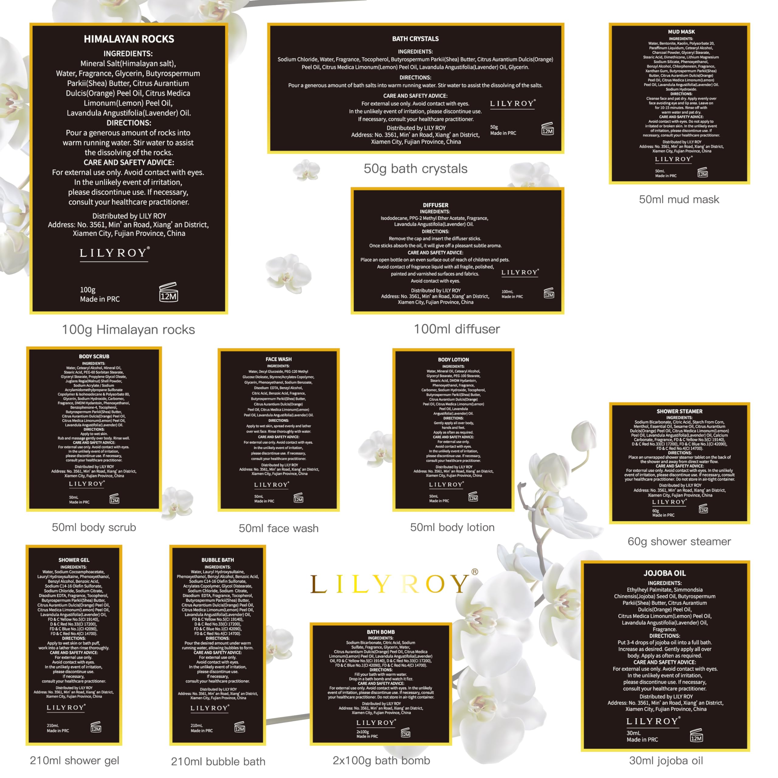 LILY ROY golden basket gift note adds a personal touch to a premium bath set.