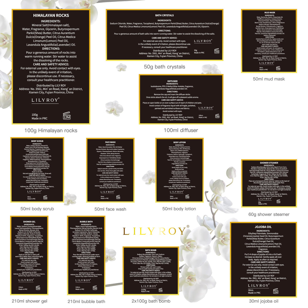 LILY ROY golden basket gift note adds a personal touch to a premium bath set.