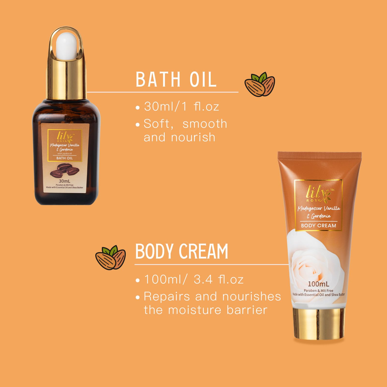 LILY ROY honey almond bath oil enriches bath time with scent