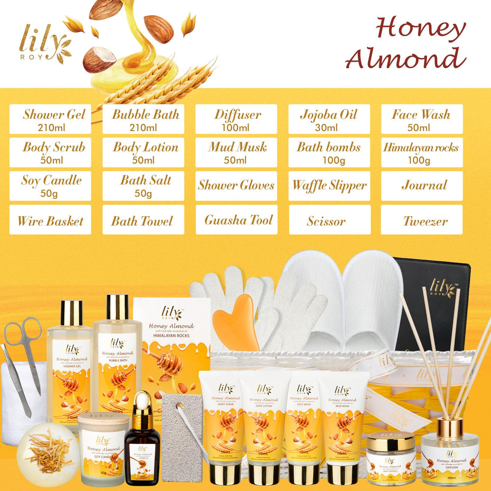 LILY ROY honey almond shower gel closeup highlighting sensitive-skin friendly formula