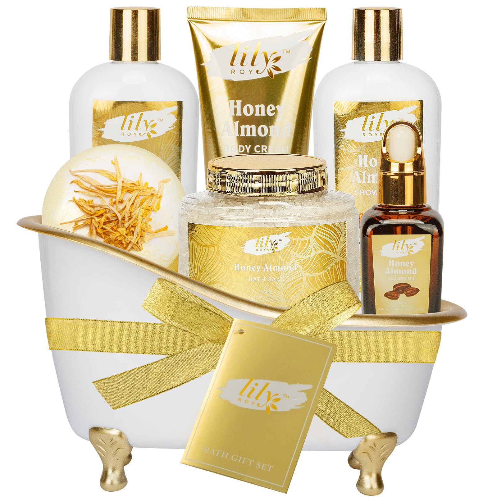 LILY ROY Honey Almond Spa Gift Set Basket — premium bath basics for a relaxing self-care ritual.