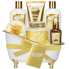 LILY ROY Honey Almond Spa Gift Set Basket — premium bath basics for a relaxing self-care ritual.