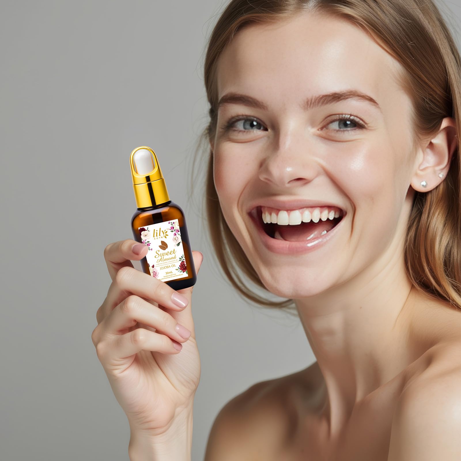 LILY ROY jojoba oil bottle supports skin-softening massage at home.