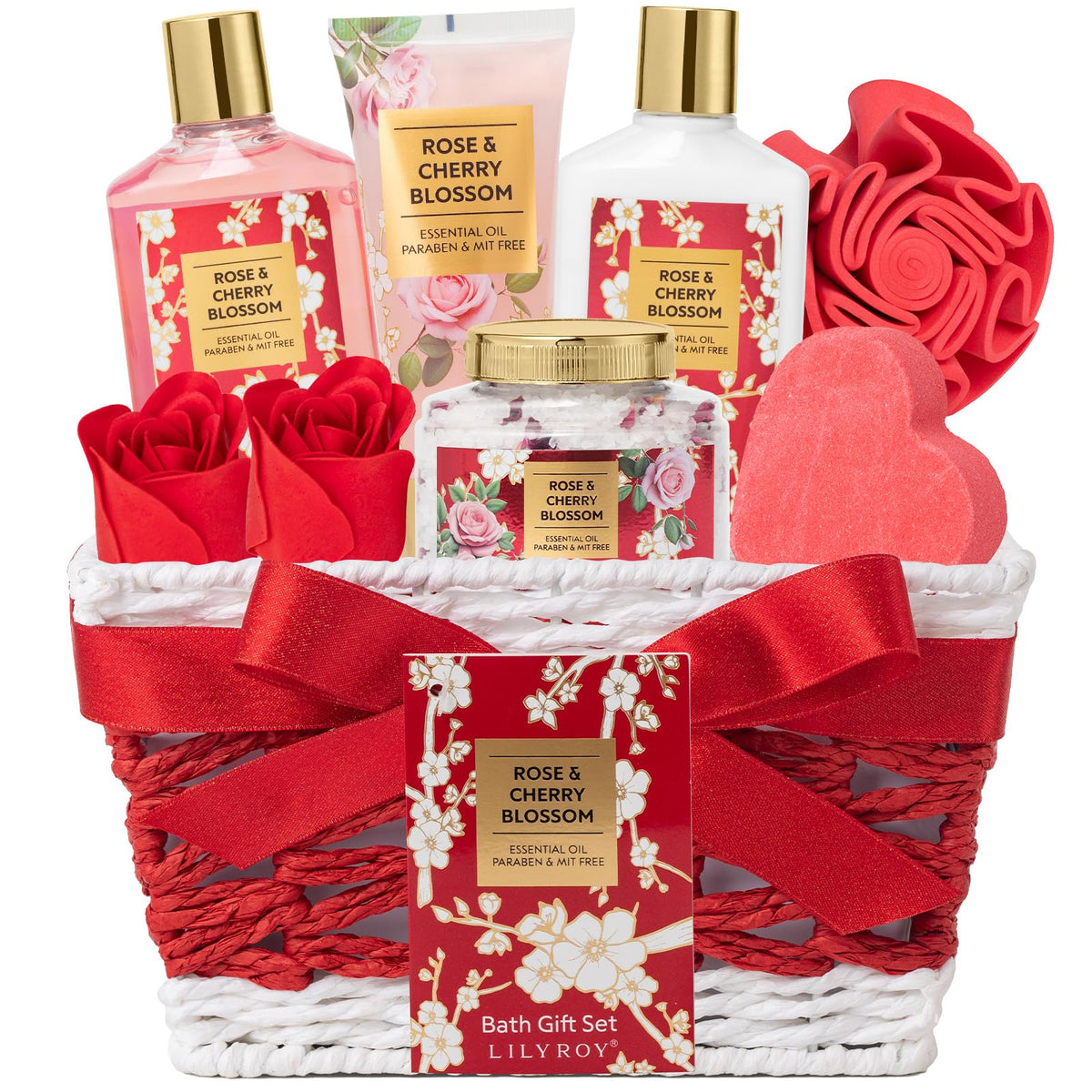 LILY ROY rose bath gift basket — elegant home spa starter with ready-to-gift presentation.