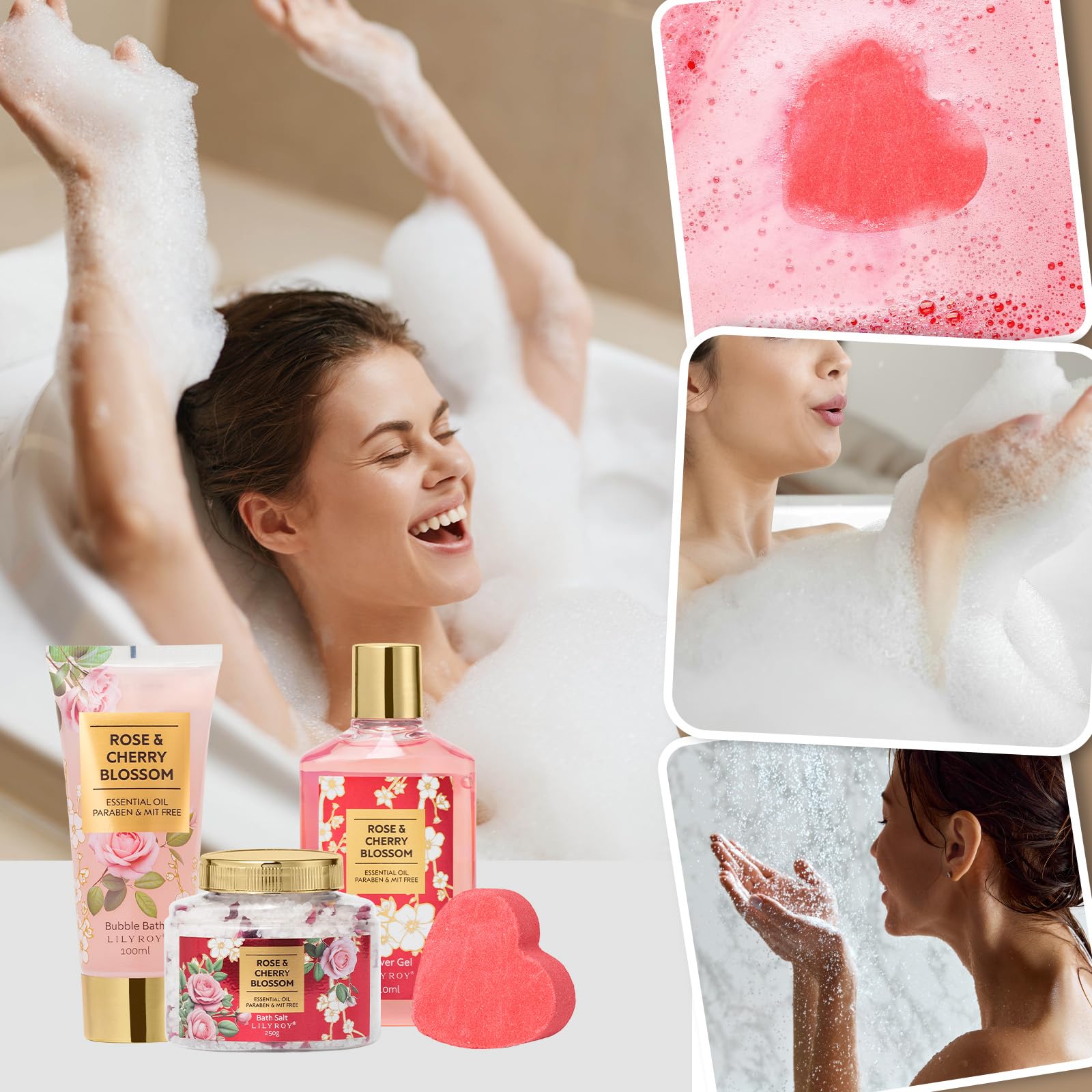 LILY ROY rose bubble bath — luxurious foaming bath for a relaxing soak.