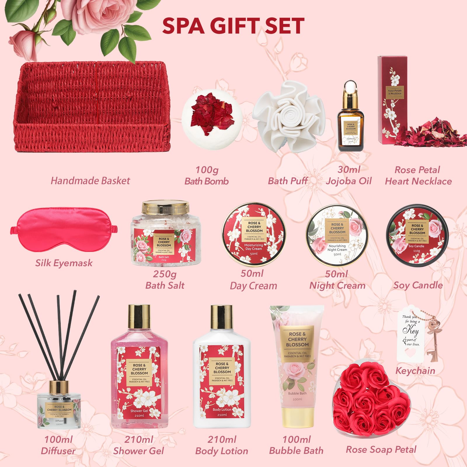 LILY ROY rose cherry blossom scent spa set emphasizes feminine fragrance for pampering.