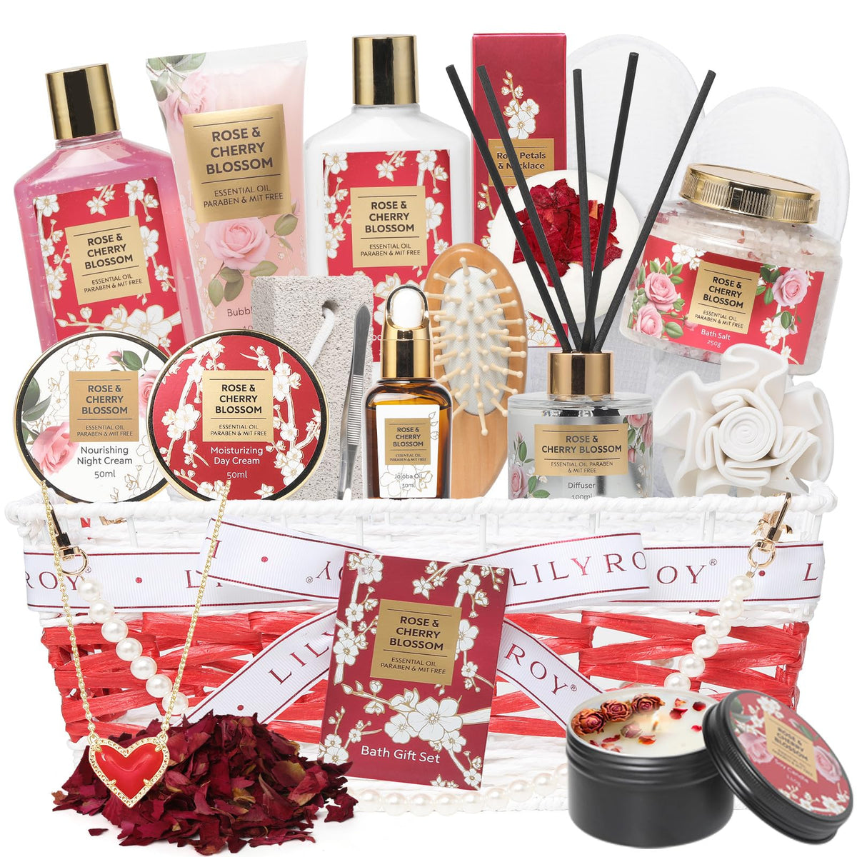 LILY ROY Rose-Cherry Blossom spa basket with 19-piece set for luxe home spa use
