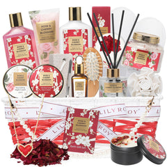 LILY ROY Rose-Cherry Blossom spa basket with 19-piece set for luxe home spa use