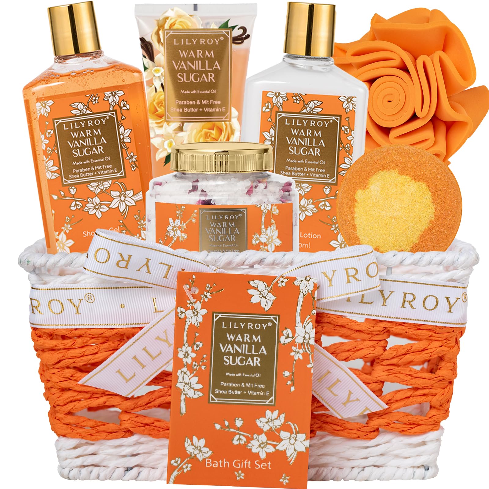 LILY ROY Vanilla Sugar Gift Basket front view for an at-home spa experience.