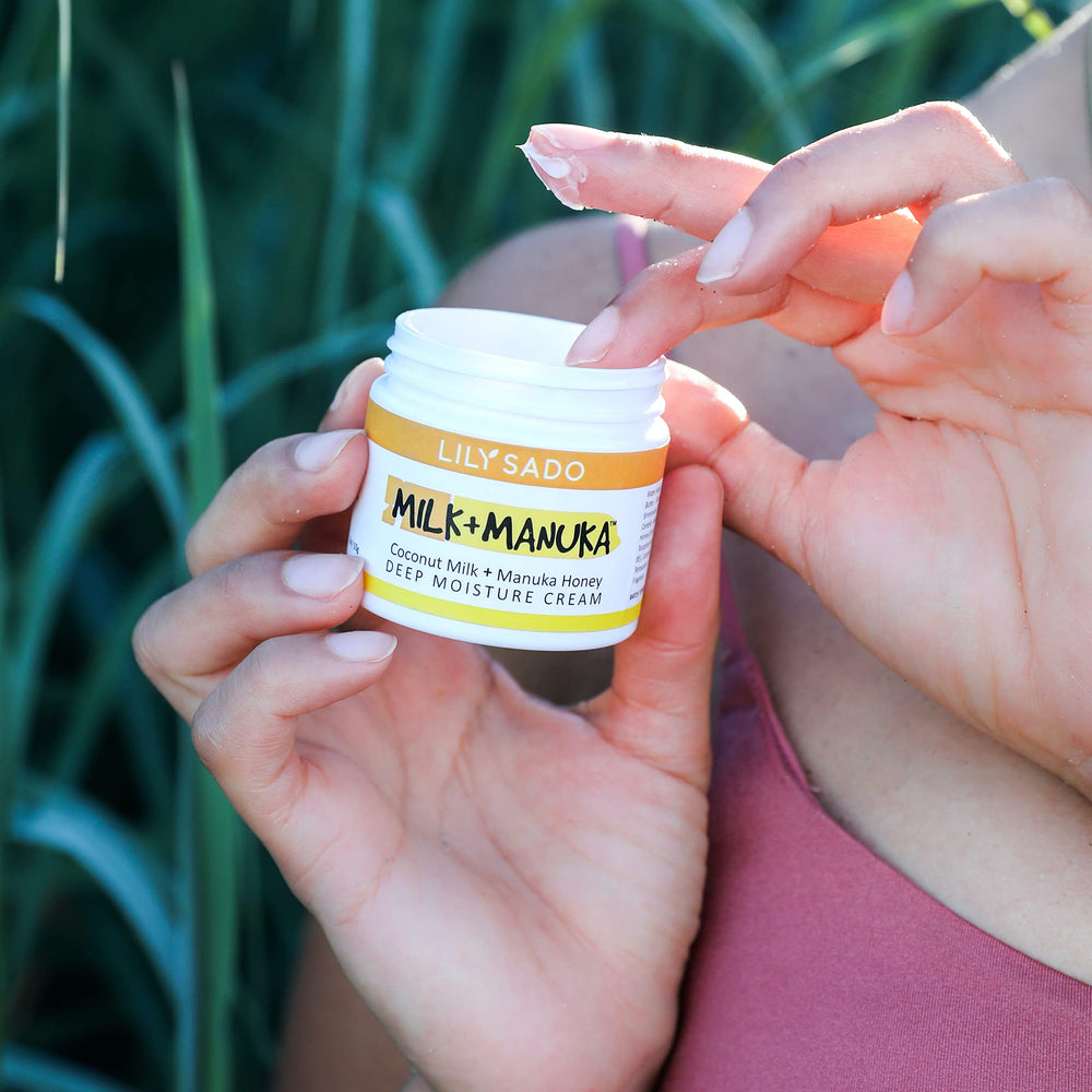 LILY SADO Cocoa butter texture shot suggests smooth, soft skin benefits.