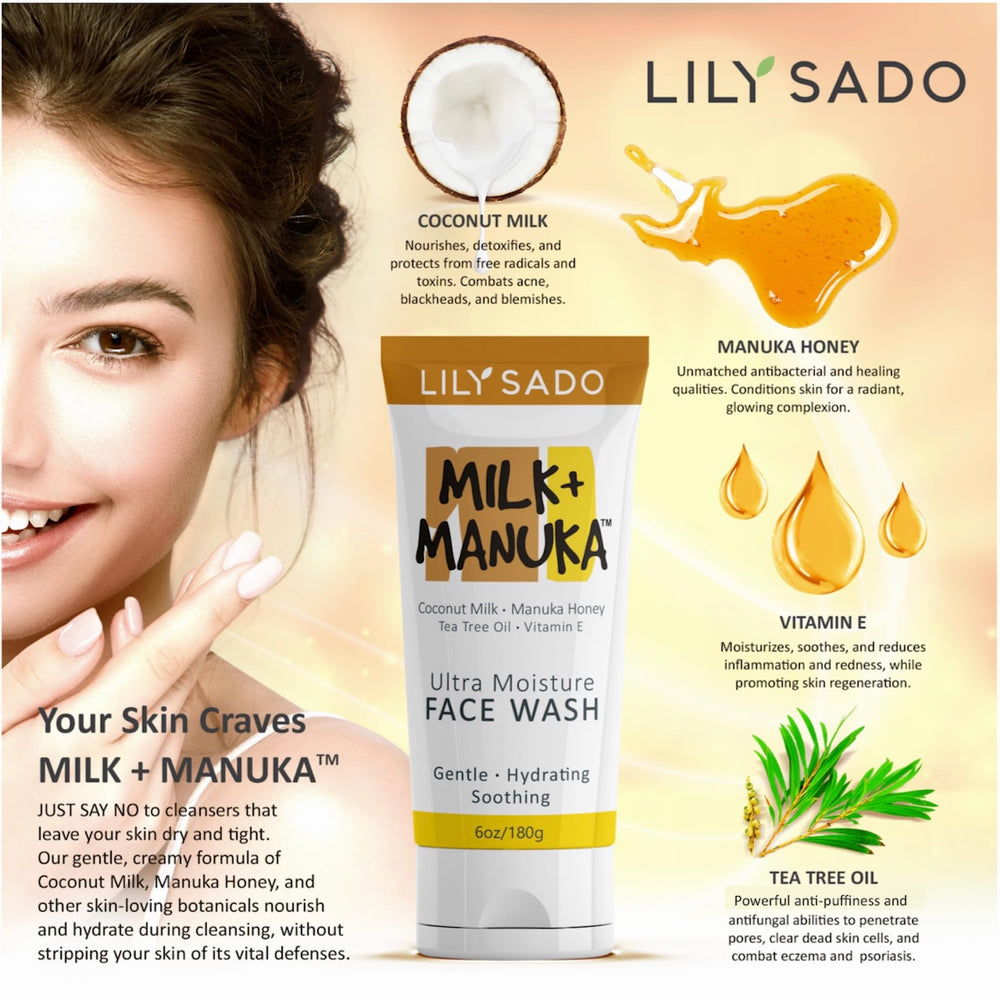 LILY SADO Milk+Manuka honey-coconut blend emphasizes nourishing botanicals for balanced skin.