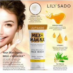 LILY SADO Milk+Manuka honey-coconut blend emphasizes nourishing botanicals for balanced skin.