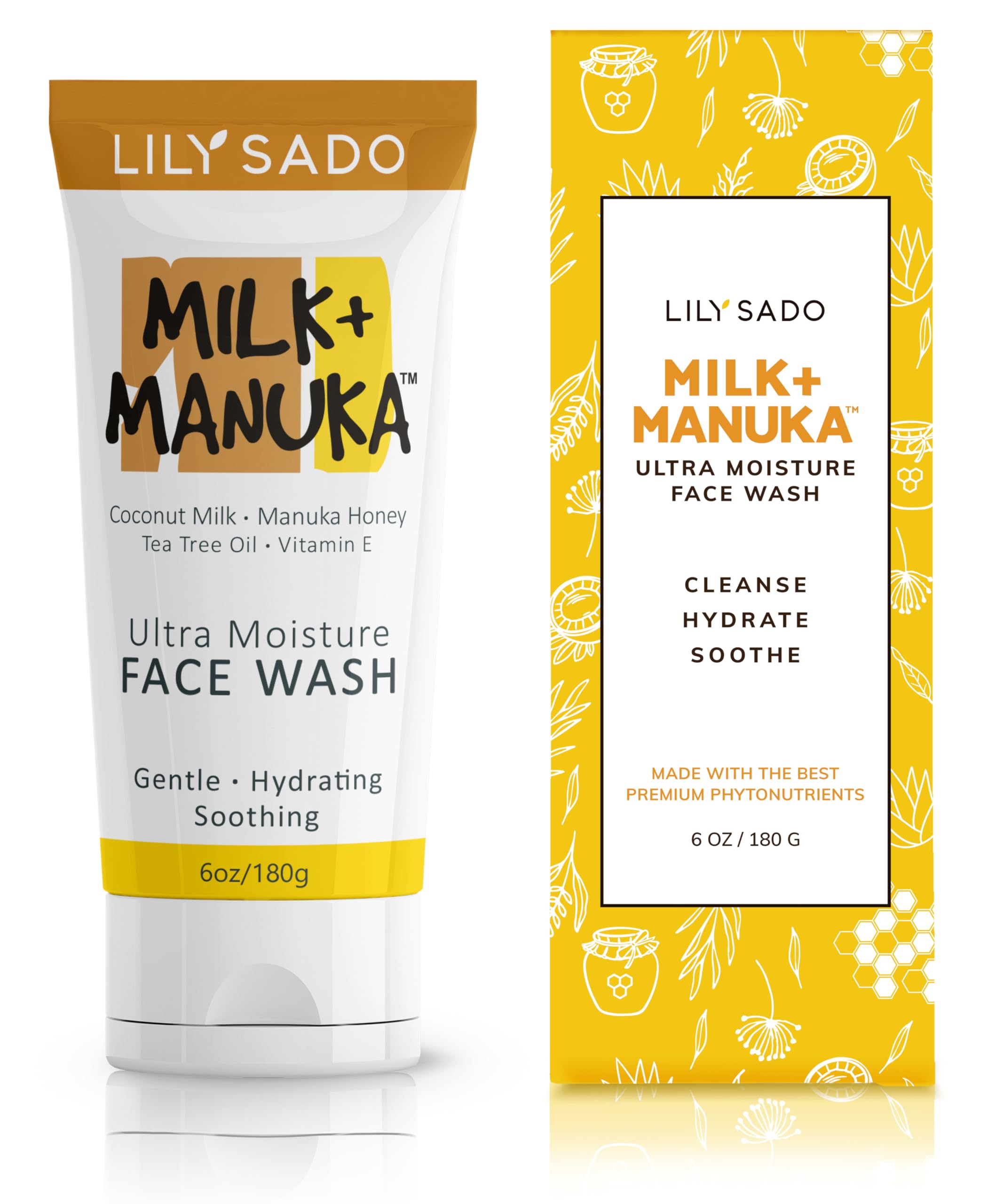 LILY SADO Milk+Manuka cleanser tube front with gentle hydration for daily cleansing.