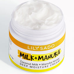 LILY SADO Milk Manuka Cream jar shows rich texture for hydrated skin.