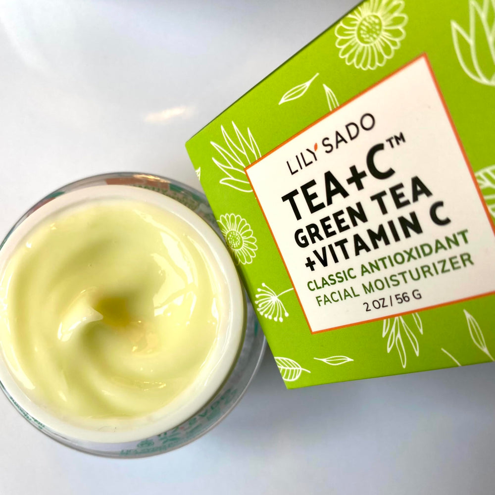LILY SADO Tea+C product on model demonstrates makeup-primer suitability.