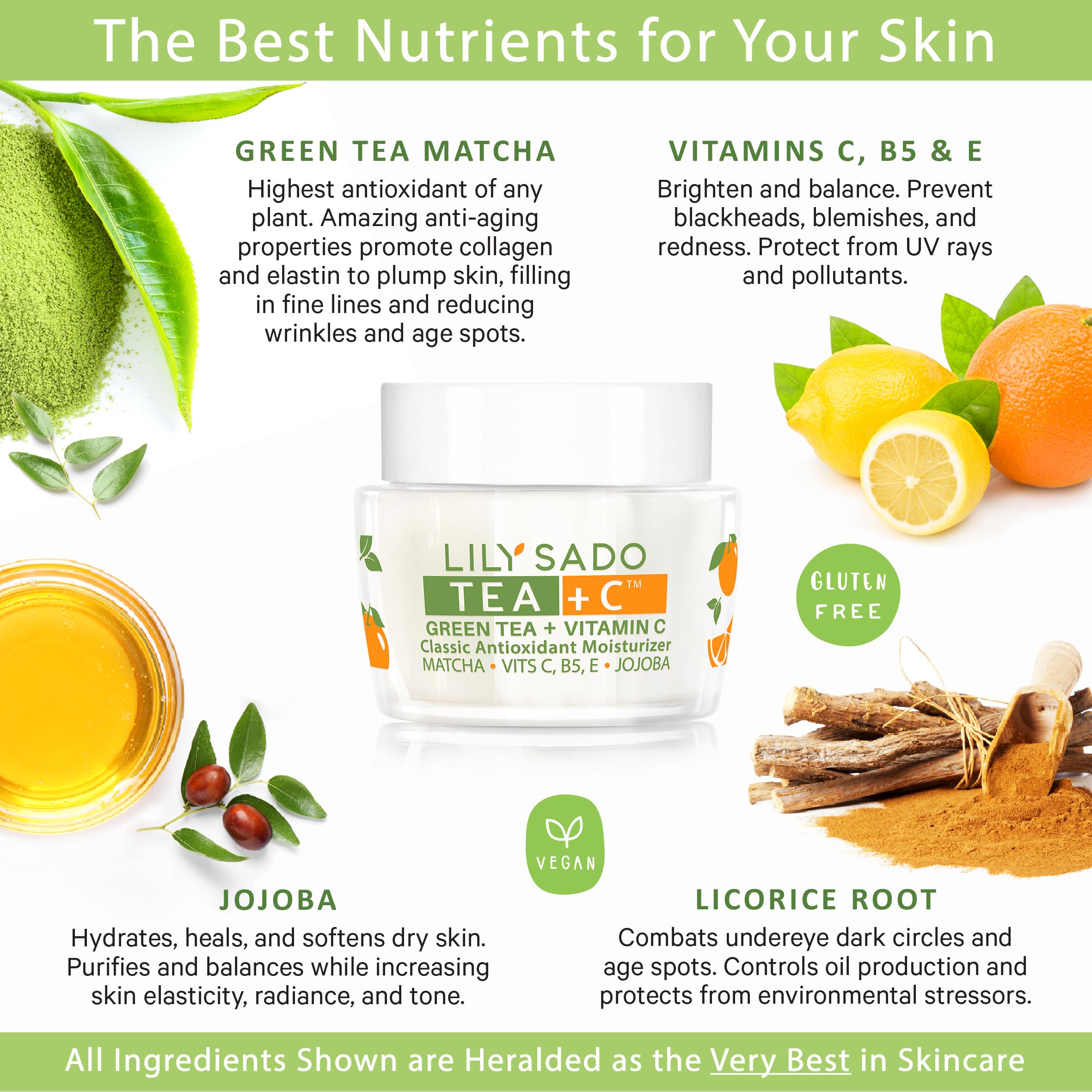 LILY SADO Tea+C green tea leaves highlight antioxidant-rich formula.