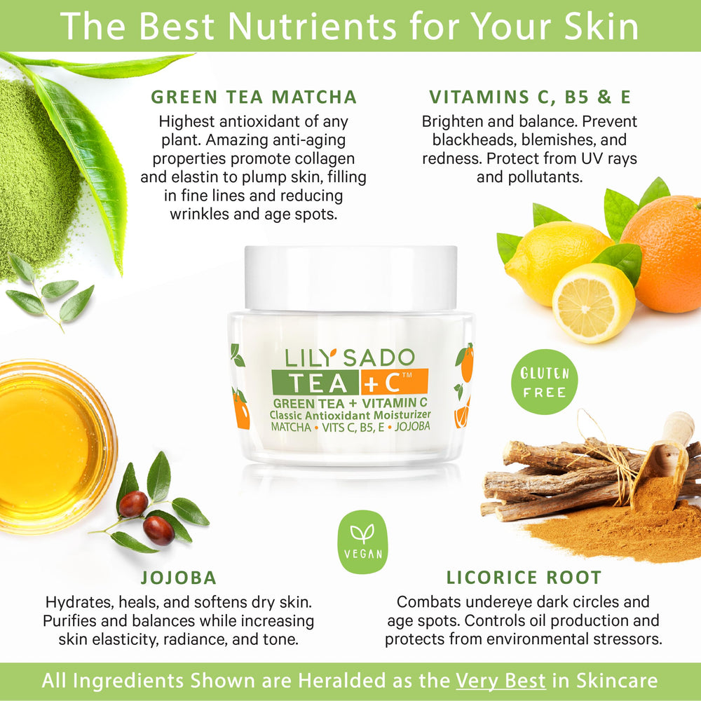 LILY SADO Tea+C green tea leaves highlight antioxidant-rich formula.
