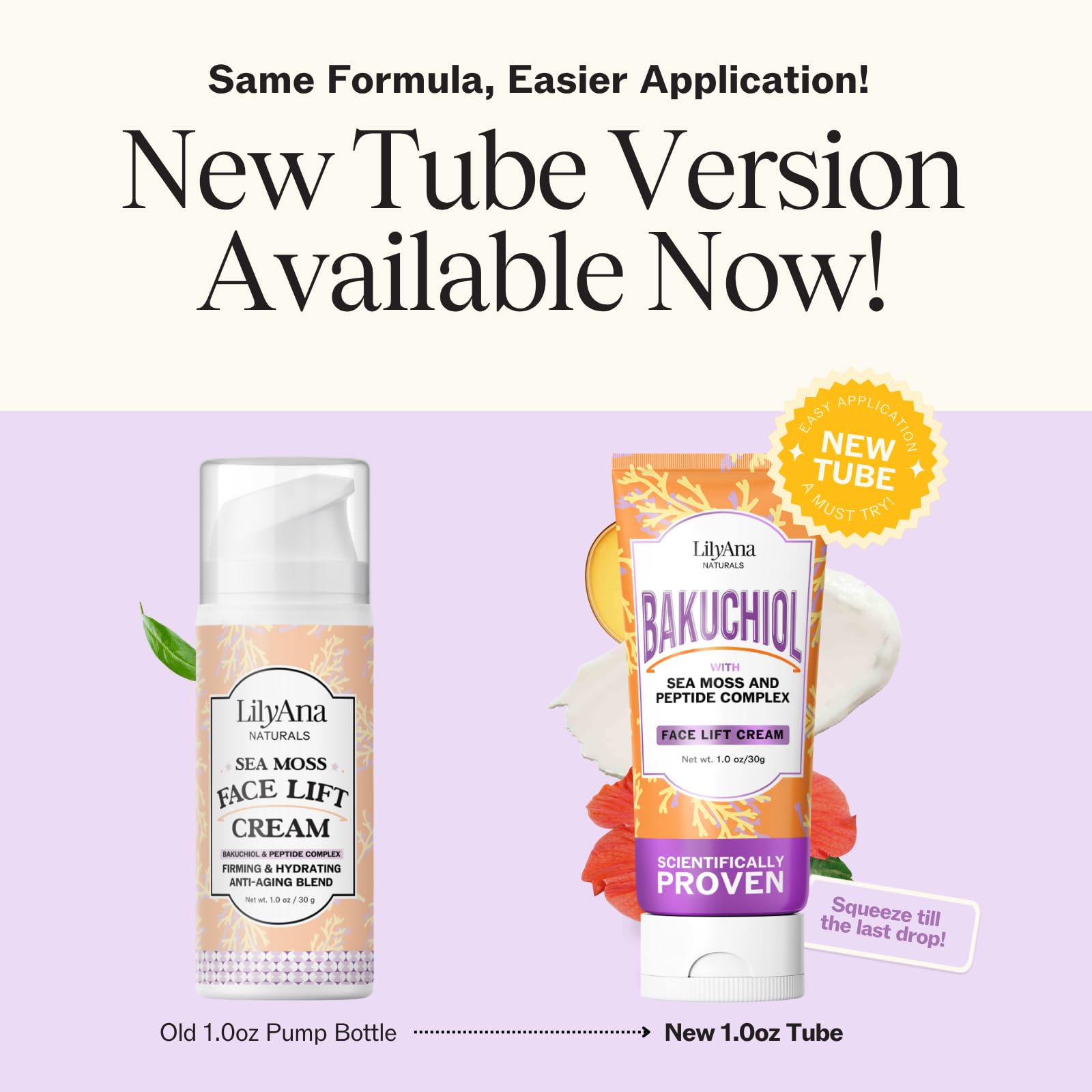 LilyAna Naturals Bakuchiol Face Lift Cream texture swirl — creamy, hydrating formula for daily moisture.