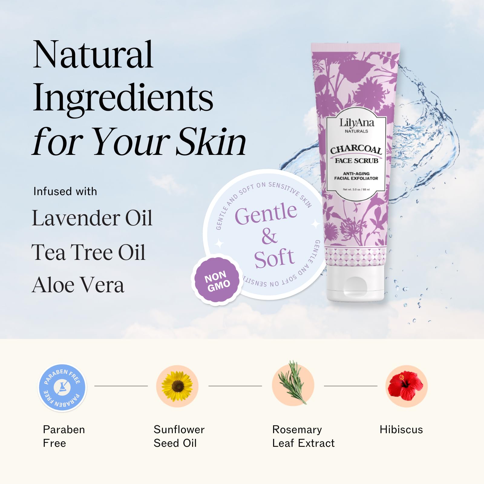 LilyAna Naturals Charcoal Face Scrub ingredients closeup highlights aloe vera, lavender, tea tree for soothing care.