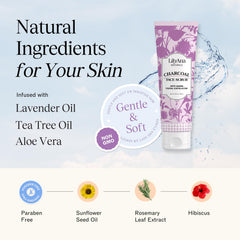 LilyAna Naturals Charcoal Face Scrub ingredients closeup highlights aloe vera, lavender, tea tree for soothing care.