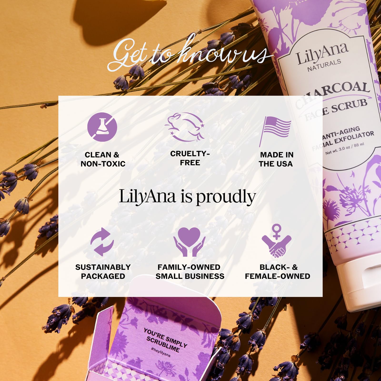 LilyAna Naturals Charcoal Face Scrub tea tree oil drop highlights refreshing cleanse and blemish support.