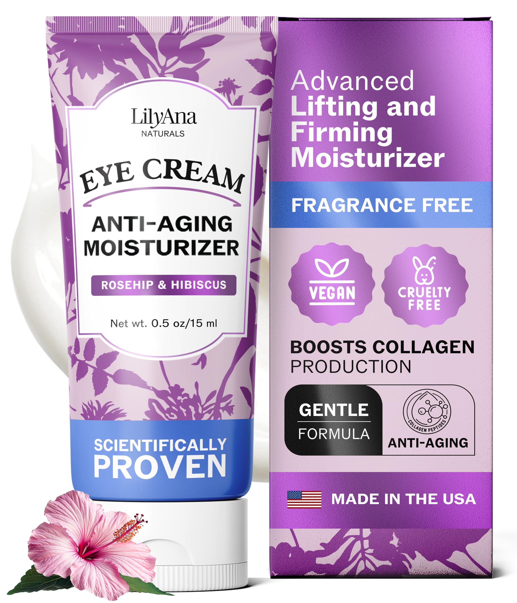 LilyAna Naturals eye cream bottle packaging highlights premium hydration for delicate under-eye skin