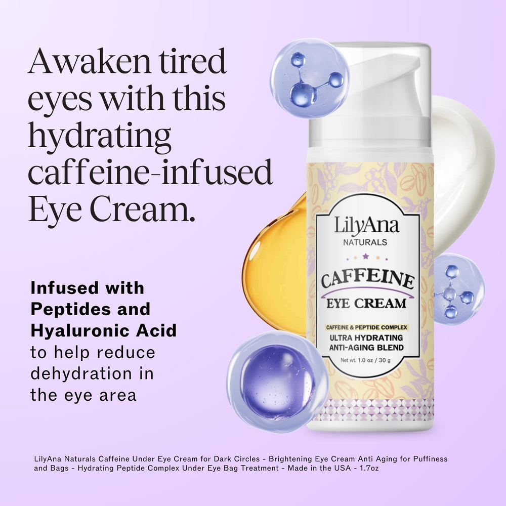 LilyAna Naturals eye cream texture swatch highlights lightweight, non-greasy hydration under eyes.