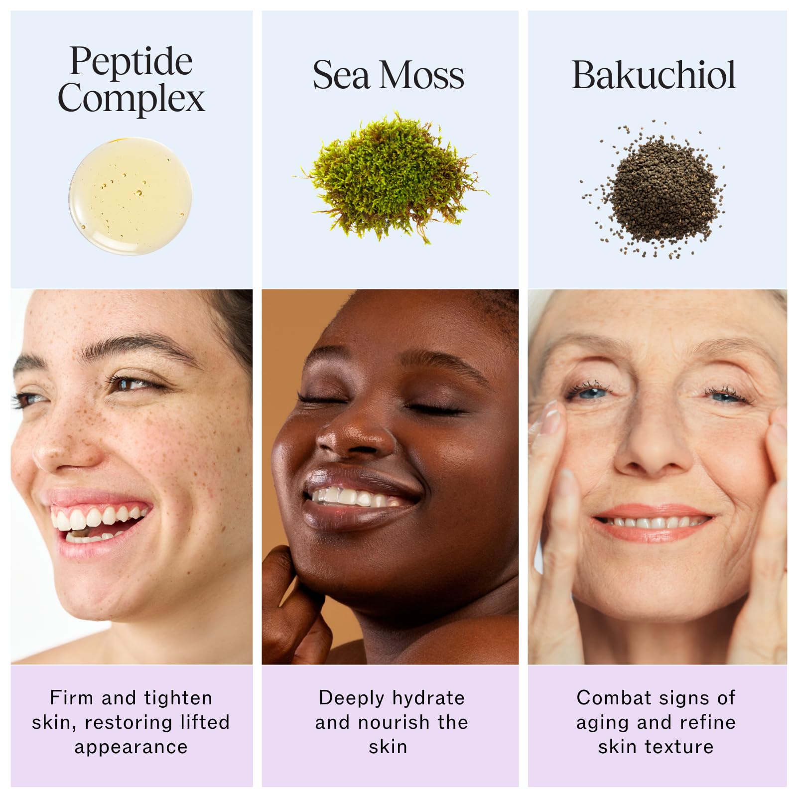 LilyAna Naturals Peptide Complex bottle — peptide-rich blend aiming to refine skin texture.