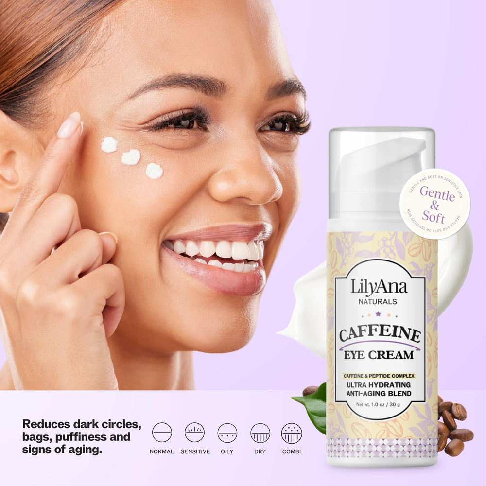 LilyAna Naturals peptide complex illustration suggests firming and smoothing near the eye area.