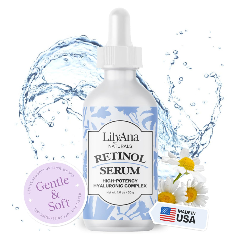 LilyAna Naturals retinol serum bottle front for anti-aging glow and radiant skin.