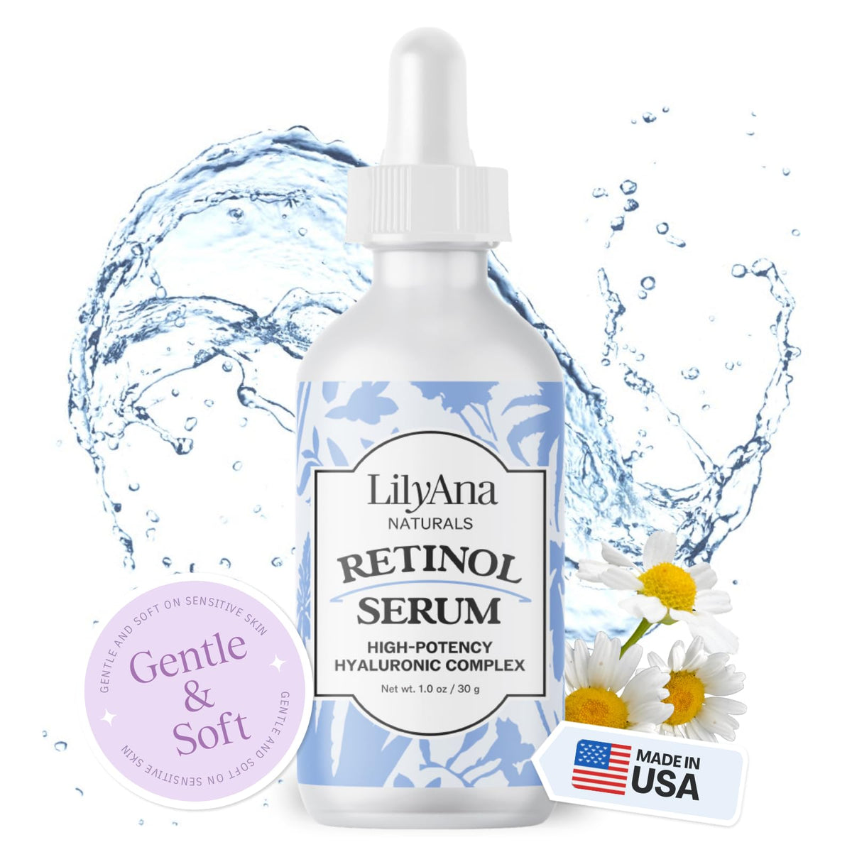 LilyAna Naturals retinol serum bottle front for anti-aging glow and radiant skin.