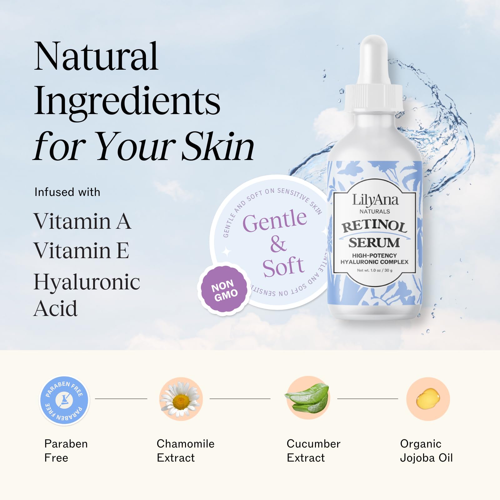 LilyAna Naturals retinol serum close-up texture highlights lightweight, non-greasy feel for refreshed complexion.