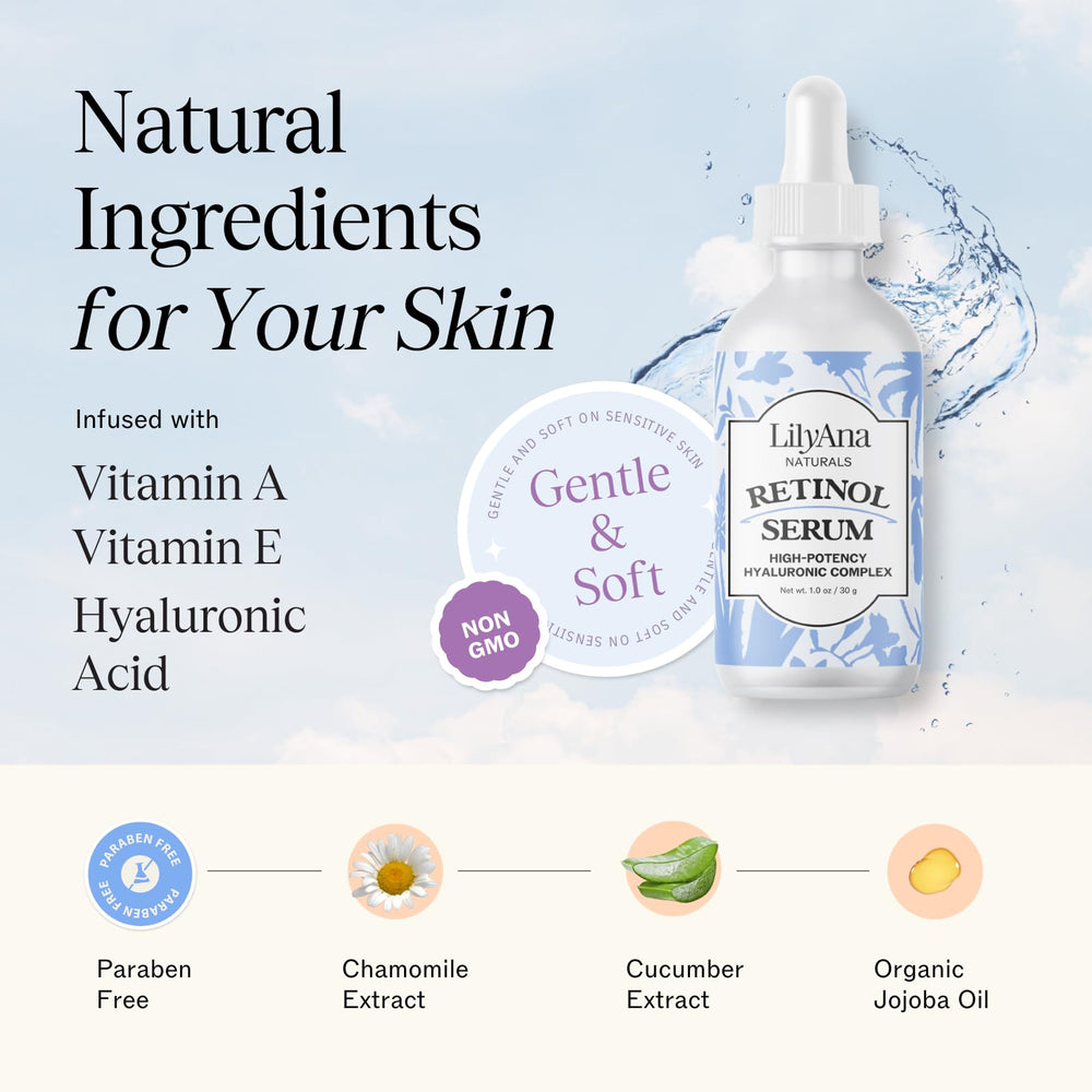 LilyAna Naturals retinol serum close-up texture highlights lightweight, non-greasy feel for refreshed complexion.