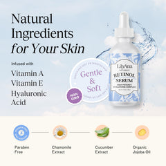 LilyAna Naturals retinol serum close-up texture highlights lightweight, non-greasy feel for refreshed complexion.