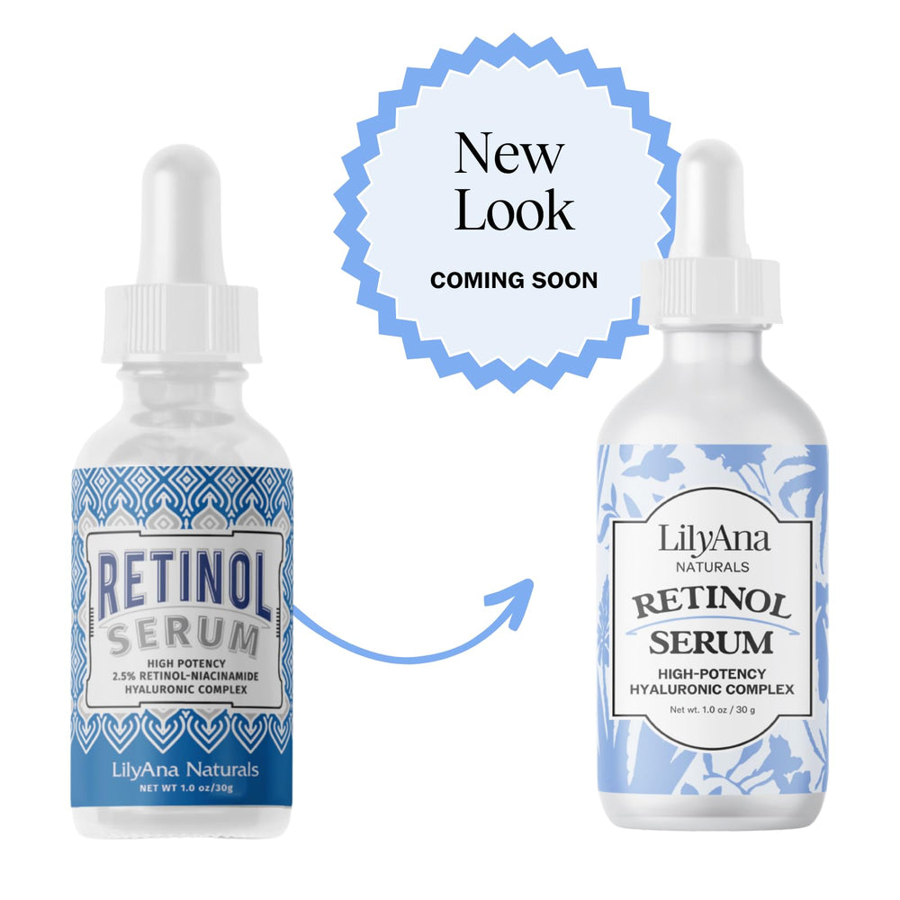 LilyAna Naturals retinol serum packaging and cap detail supports gentle nightly use.