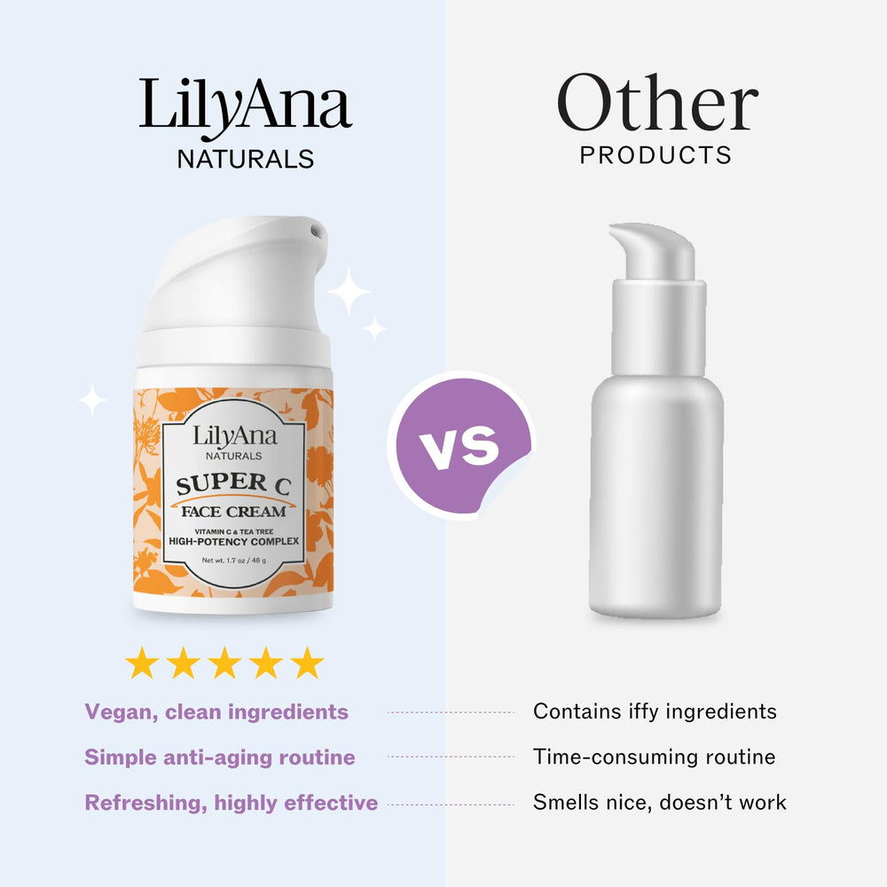 LilyAna Naturals Super C face cream bottle highlighting vitamin C benefits