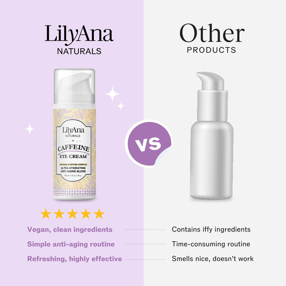 LilyAna Naturals under-eye depuff demo demonstrates improved puffiness and awake look.