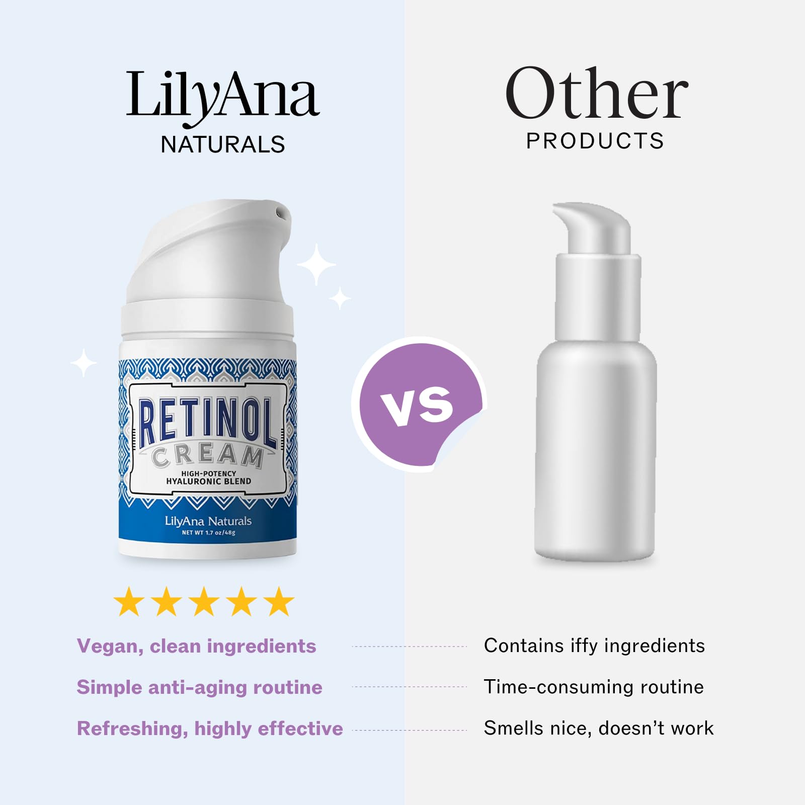 LilyAna Naturals vegan cruelty-free label on retinol cream packaging.