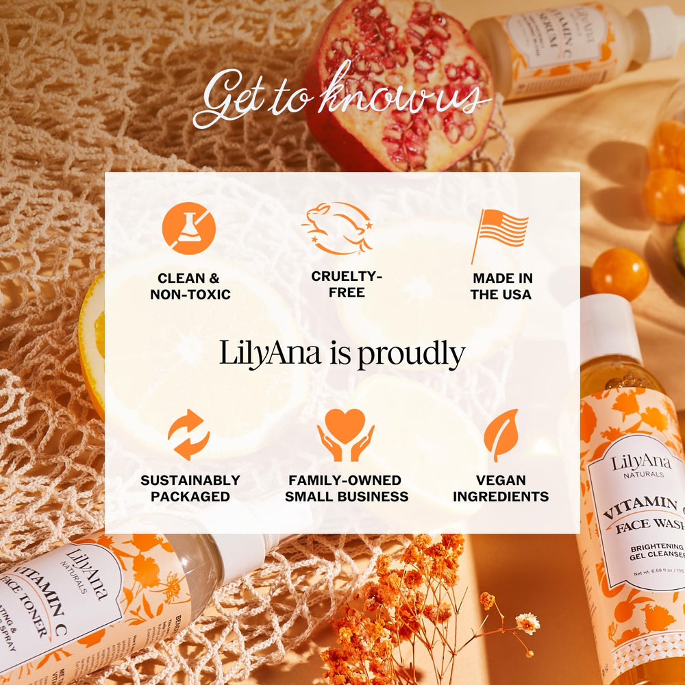LilyAna Naturals Vitamin C Serum on bathroom shelf ready for daily use.