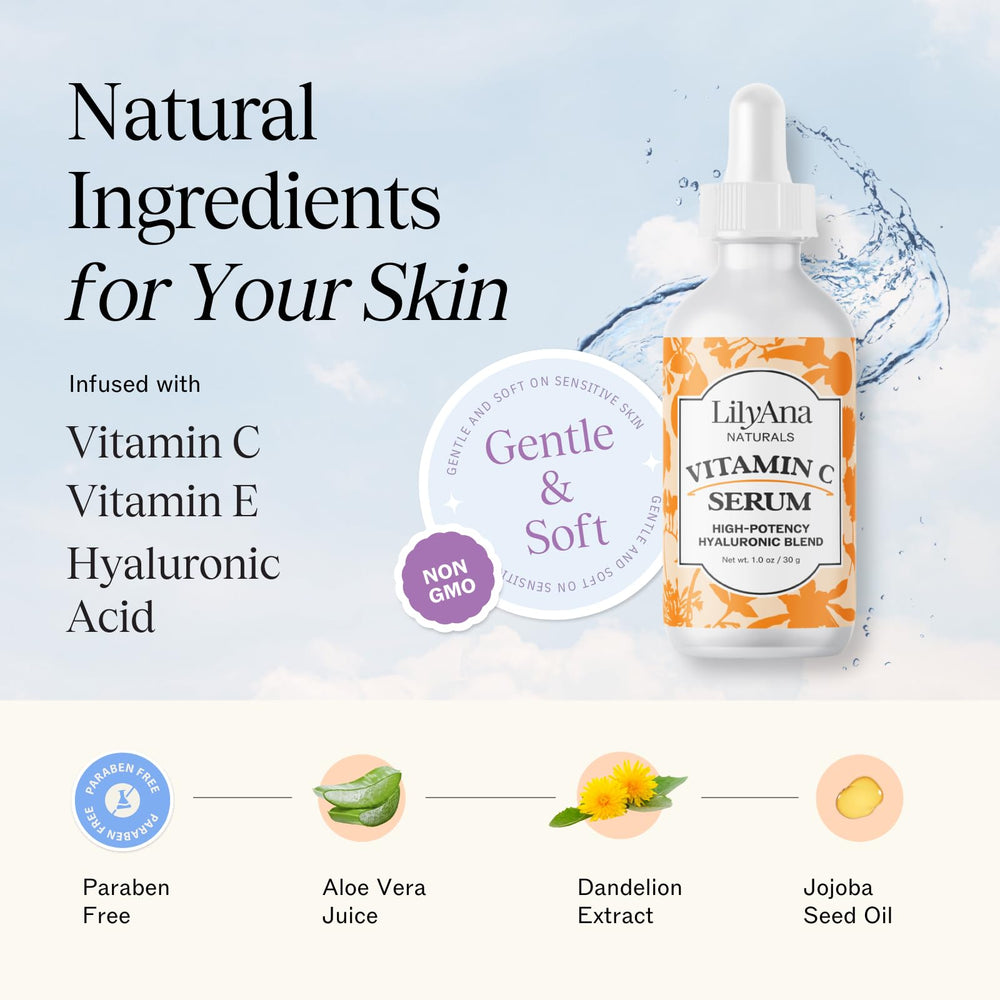 LilyAna Naturals Vitamin C Serum drop on skin shows lightweight hydration.