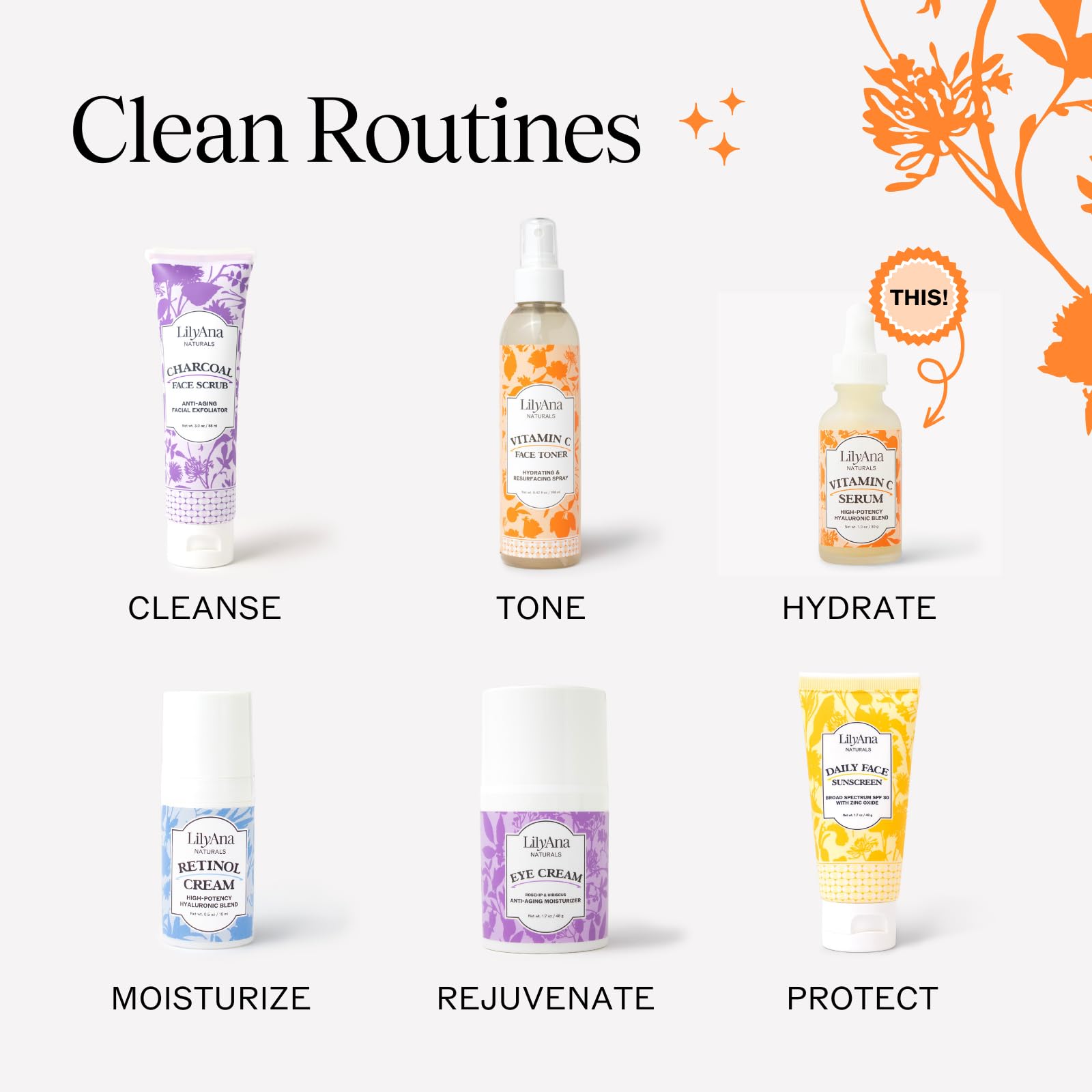 LilyAna Naturals Vitamin C Serum label close-up highlights clean ingredients.