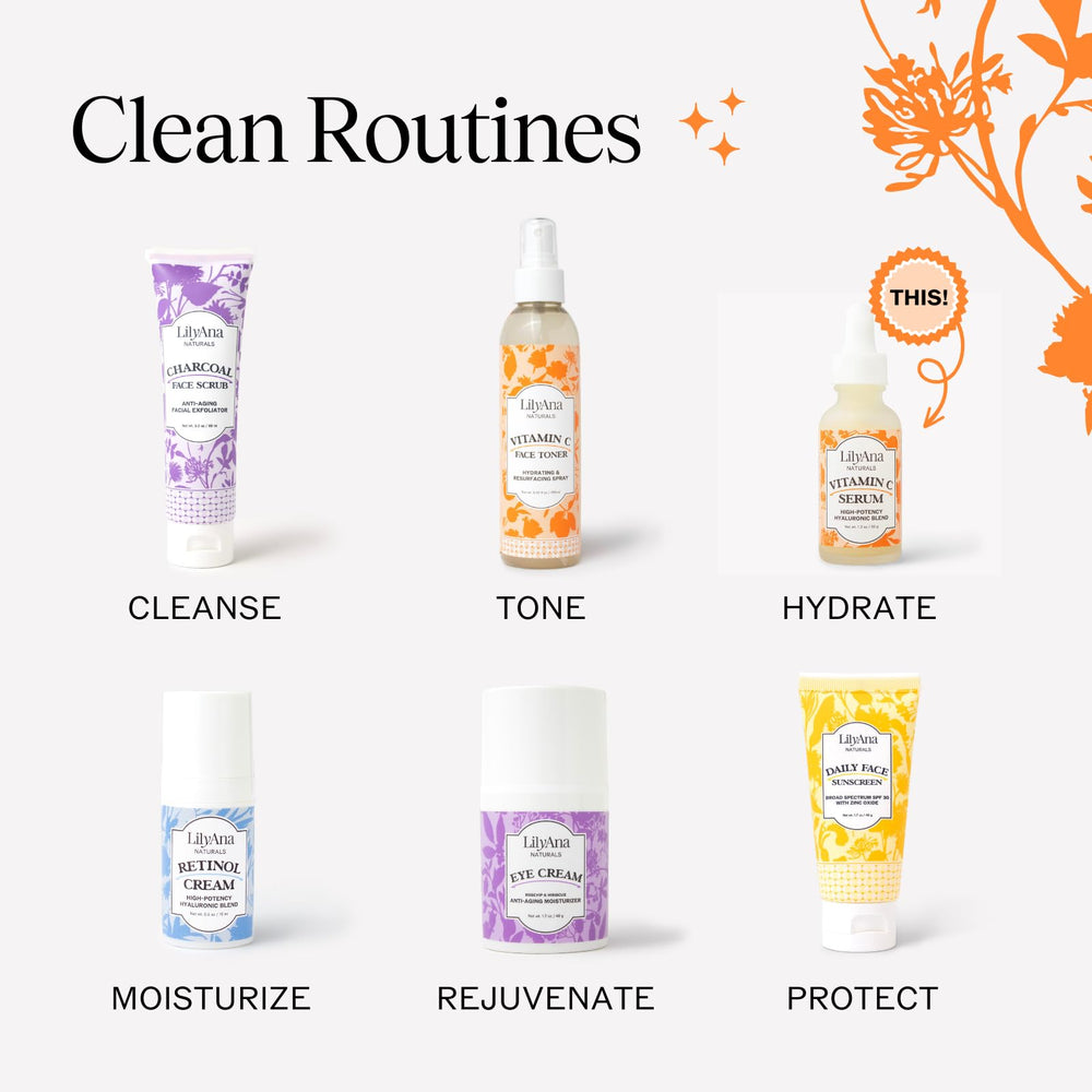 LilyAna Naturals Vitamin C Serum label close-up highlights clean ingredients.