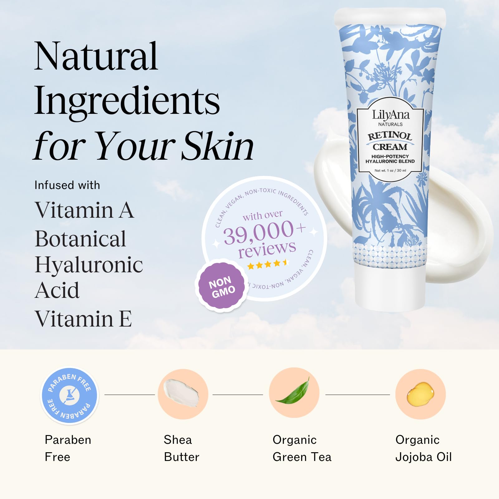 LilyAna Naturals vitamin E bottle close-up emphasizing nourishing hydration and elasticity support
